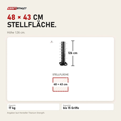 Maßbild Titanium Strength Rack für Pulley Grips: Stellfläche 48 × 43 cm, Höhe 126 cm