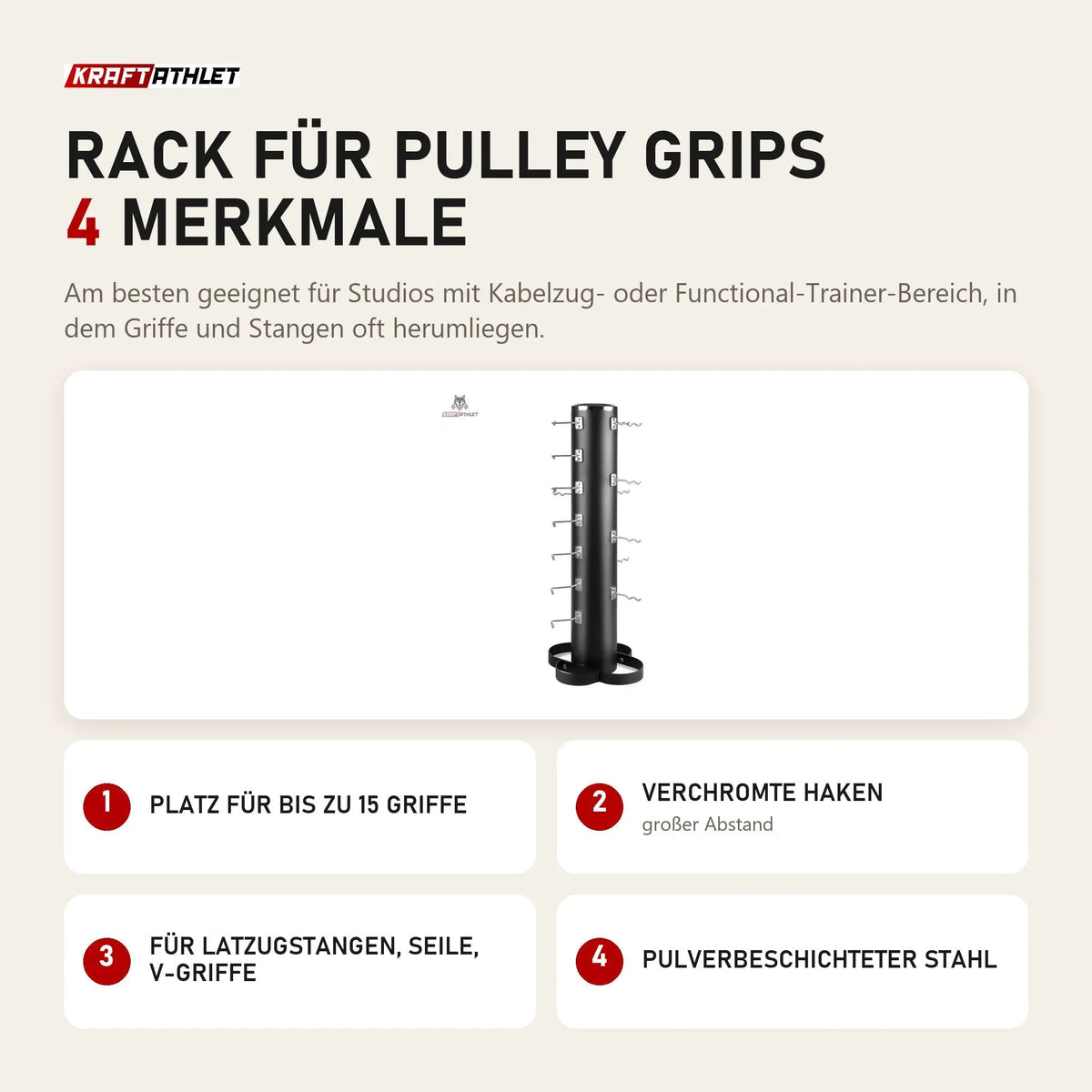 Titanium Strength Rack für Pulley Grips mit 4 Merkmalen: Platz für bis zu 15 Griffe, Verchromte Haken, Für Latzugstangen, Seile, V-Griffe, Pulverbeschichteter Stahl
