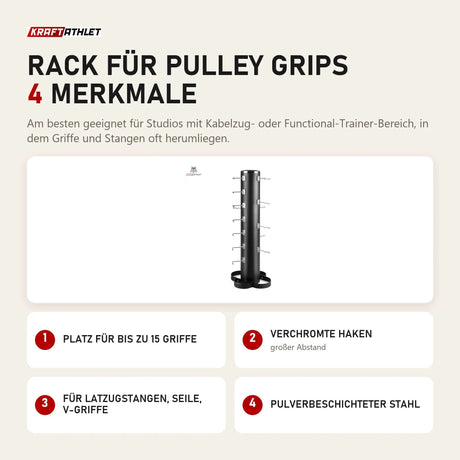 Titanium Strength Rack für Pulley Grips mit 4 Merkmalen: Platz für bis zu 15 Griffe, Verchromte Haken, Für Latzugstangen, Seile, V-Griffe, Pulverbeschichteter Stahl