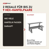 Frage und Antwort zu Titanium Strength Rack mit 2 Höhen für Hex-Hanteln: Wie viele Hanteln passen darauf?