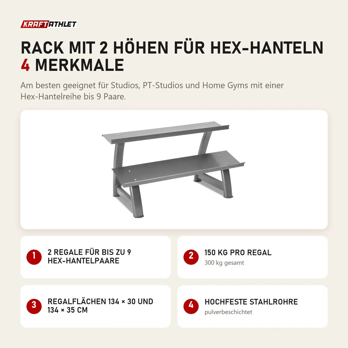 Titanium Strength Rack mit 2 Höhen für Hex-Hanteln mit 4 Merkmalen: 2 Regale für bis zu 9 Hex-Hantelpaare, 150 kg pro Regal, Regalflächen 134 × 30 und 134 × 35 cm, Hochfeste Stahlrohre