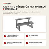 Titanium Strength Rack mit 2 Höhen für Hex-Hanteln mit 4 Merkmalen: 2 Regale für bis zu 9 Hex-Hantelpaare, 150 kg pro Regal, Regalflächen 134 × 30 und 134 × 35 cm, Hochfeste Stahlrohre