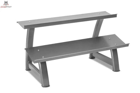 Titanium Strength Rack mit 2 Höhen für Hex-Hanteln in Grau, Schrägansicht mit zwei Ablageflächen