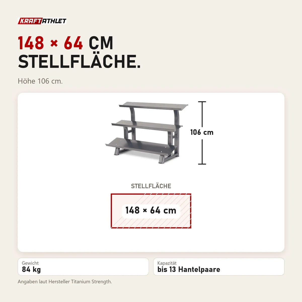 Maßbild Titanium Strength Rack mit 3 Höhen für Hex-Hanteln: Stellfläche 148 × 64 cm, Höhe 106 cm