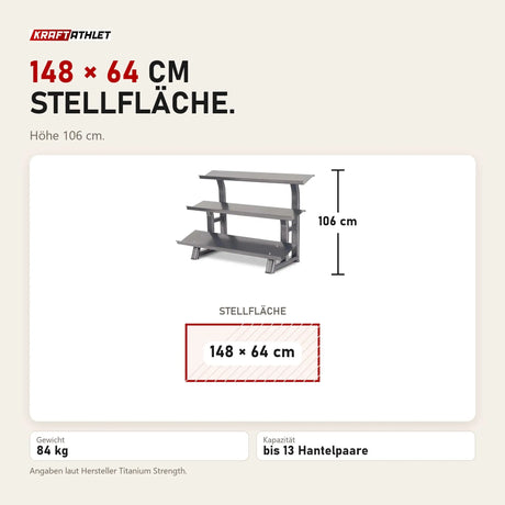 Maßbild Titanium Strength Rack mit 3 Höhen für Hex-Hanteln: Stellfläche 148 × 64 cm, Höhe 106 cm