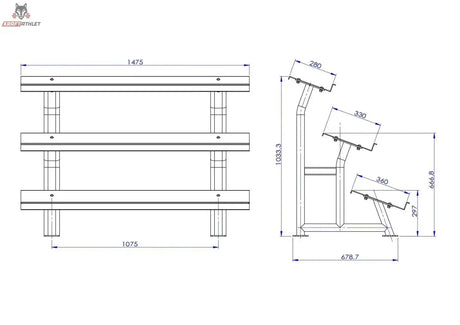 Titanium Strength Rack mit 3 Höhen für Hex-Hanteln als Maßzeichnung in Front- und Seitenansicht