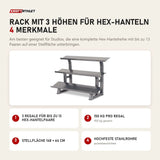 Titanium Strength Rack mit 3 Höhen für Hex-Hanteln mit 4 Merkmalen: 3 Regale für bis zu 13 Hex-Hantelpaare, 150 kg pro Regal, Stellfläche 148 × 64 cm, Hochfeste Stahlrohre