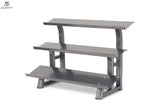 Titanium Strength Rack mit 3 Höhen für Hex-Hanteln in Grau, Schrägansicht mit drei gestuften Ablageflächen