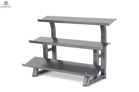 Titanium Strength Rack mit 3 Höhen für Hex-Hanteln in Grau, Schrägansicht mit drei gestuften Ablageflächen
