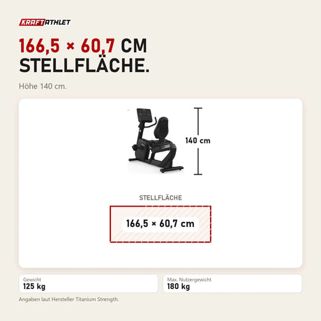 Maßbild Titanium Strength RB1100 Liegeergometer Pro Series: Stellfläche 166,5 × 60,7 cm, Höhe 140 cm