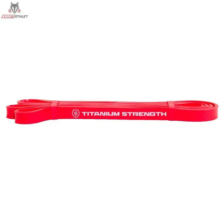 Titanium Strength RB15 Widerstandsband Rot, flach ausgelegte Schlaufe mit Logo-Aufdruck, Draufsicht