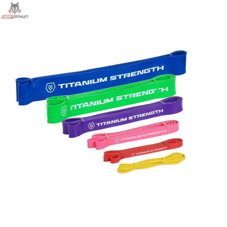 Titanium Strength RB15 Widerstandsband Rot im Größenvergleich mit Bändern in Blau, Grün, Lila, Rosa und Gelb