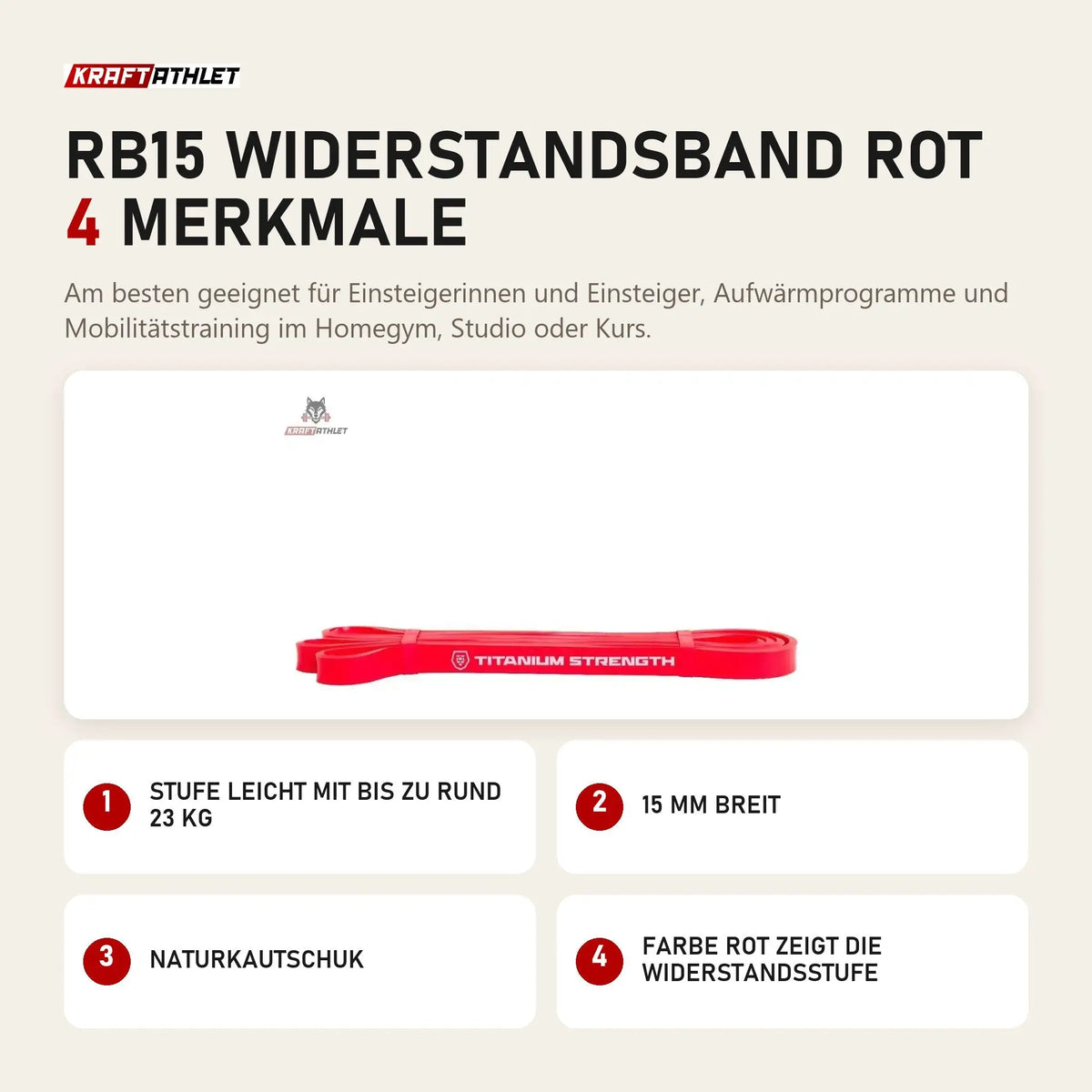 Titanium Strength RB15 Widerstandsband Rot mit 4 Merkmalen: Stufe leicht mit bis zu rund 23 kg, 15 mm breit, Naturkautschuk, Farbe Rot zeigt die Widerstandsstufe