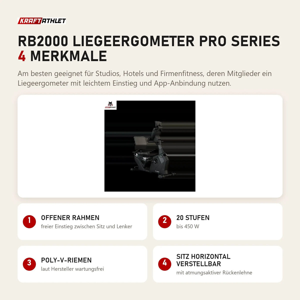 Titanium Strength RB2000 Liegeergometer Pro Series mit 4 Merkmalen: Offener Rahmen, 20 Stufen, Poly-V-Riemen, Sitz horizontal verstellbar