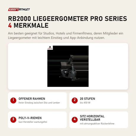 Titanium Strength RB2000 Liegeergometer Pro Series mit 4 Merkmalen: Offener Rahmen, 20 Stufen, Poly-V-Riemen, Sitz horizontal verstellbar