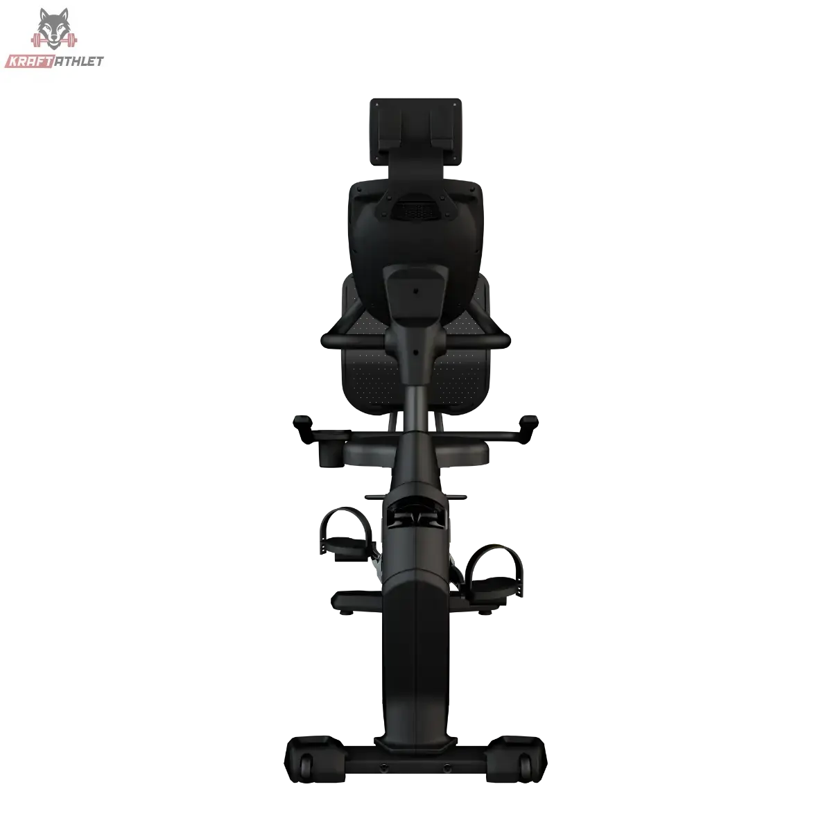 Titanium Strength RB2000 Liegeergometer Pro Series: Ansicht von hinten auf Rückenlehne und Konsole