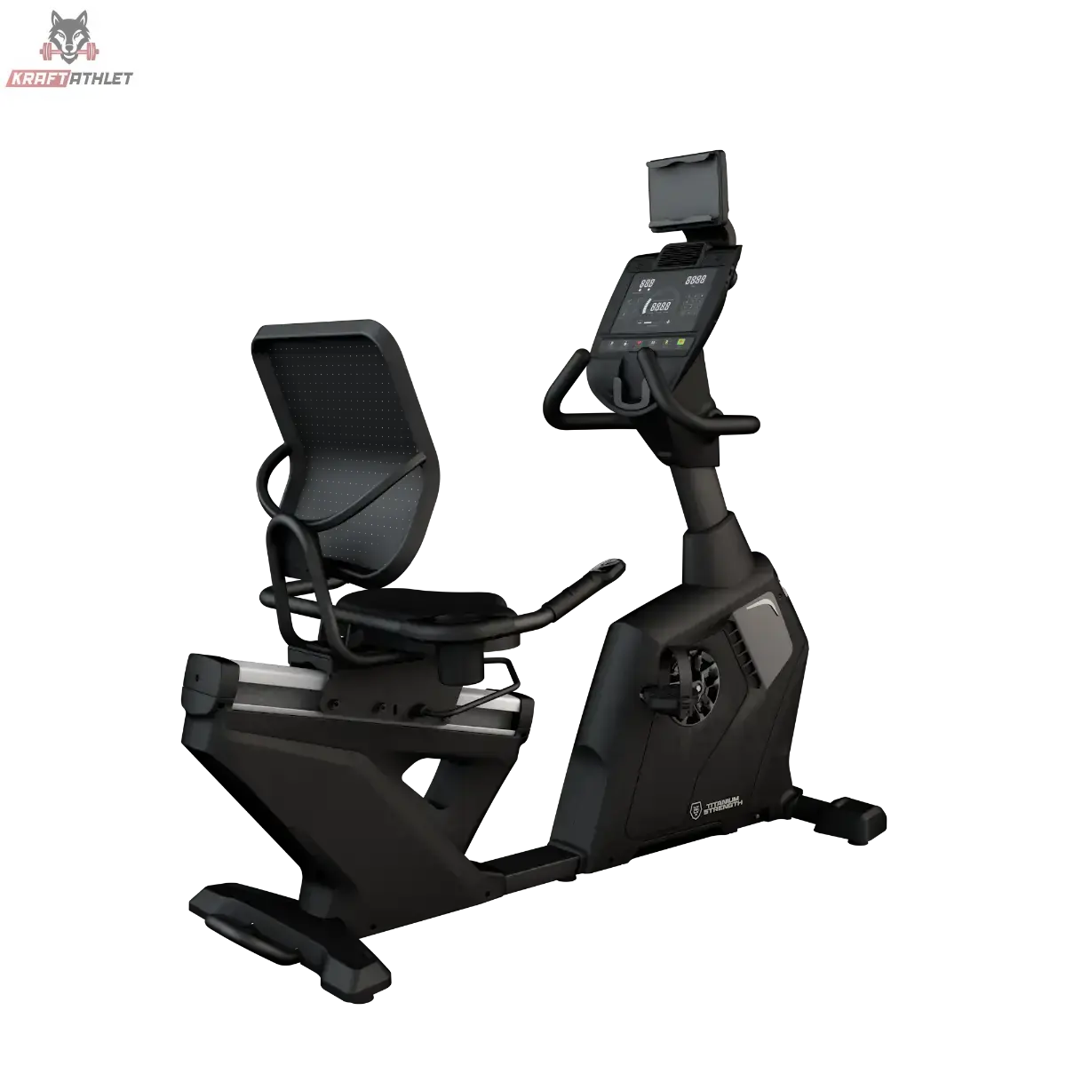 Titanium Strength RB2000 Liegeergometer Pro Series: Schrägansicht von links mit Sitz, Griffen und Touchscreen