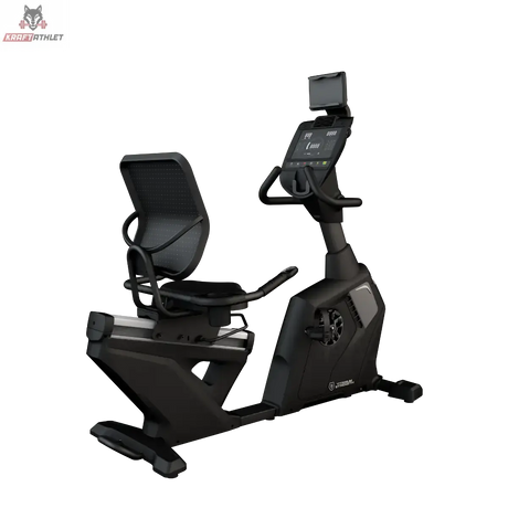 Titanium Strength RB2000 Liegeergometer Pro Series: Schrägansicht von links mit Sitz, Griffen und Touchscreen