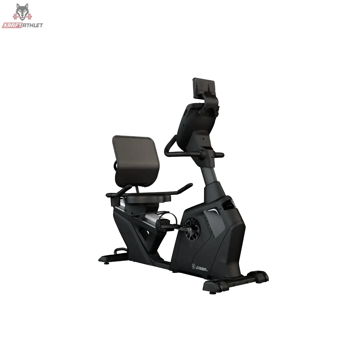 Titanium Strength RB2000 Liegeergometer Pro Series: Schrägansicht von rechts mit Rückenlehne und Konsole