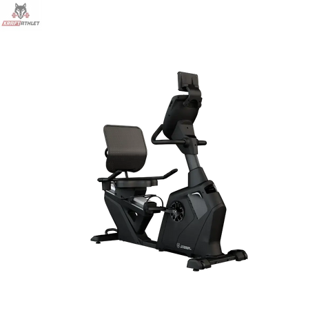 Titanium Strength RB2000 Liegeergometer Pro Series: Schrägansicht von rechts mit Rückenlehne und Konsole