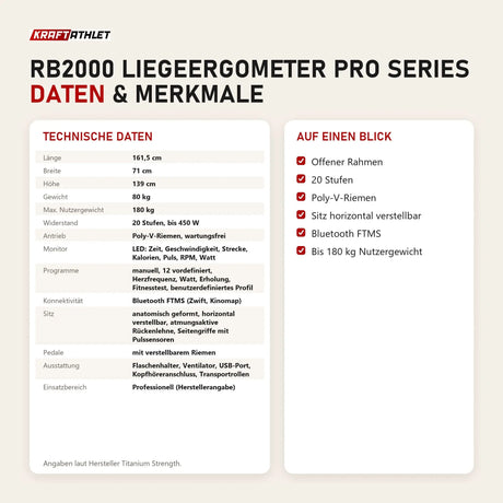 Technische Daten und Merkmale von Titanium Strength RB2000 Liegeergometer Pro Series als Tabelle