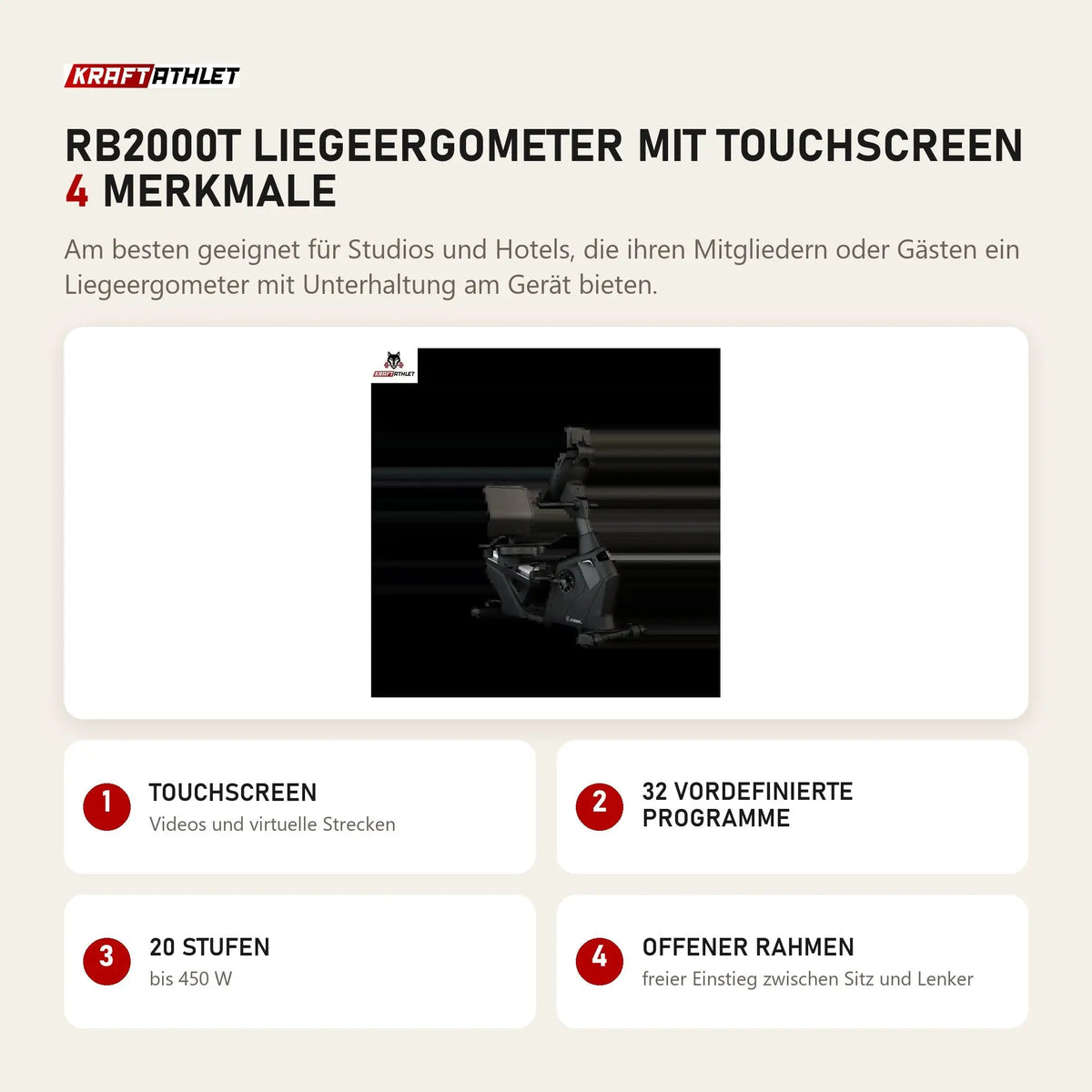 Titanium Strength RB2000T Liegeergometer mit Touchscreen mit 4 Merkmalen: Touchscreen, 32 vordefinierte Programme, 20 Stufen, Offener Rahmen