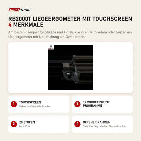 Titanium Strength RB2000T Liegeergometer mit Touchscreen mit 4 Merkmalen: Touchscreen, 32 vordefinierte Programme, 20 Stufen, Offener Rahmen