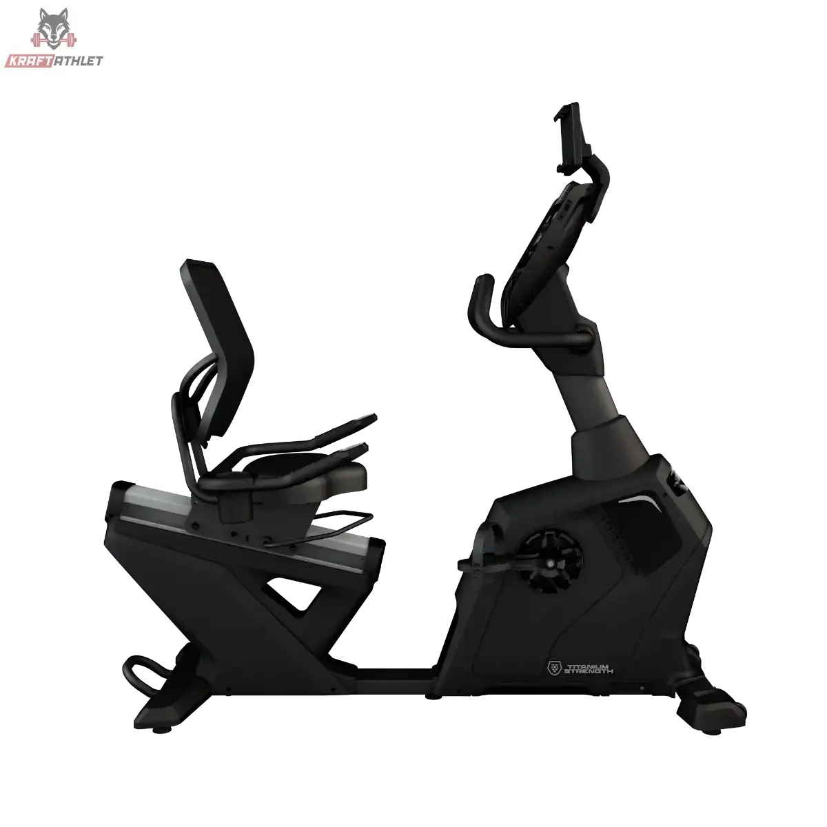 Titanium Strength RB2000T Liegeergometer mit Touchscreen, Seitenansicht mit Sitzschiene, Pedalen und Konsole