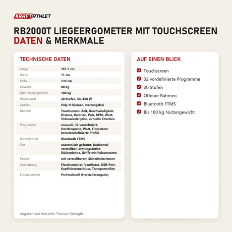 Technische Daten und Merkmale von Titanium Strength RB2000T Liegeergometer mit Touchscreen als Tabelle