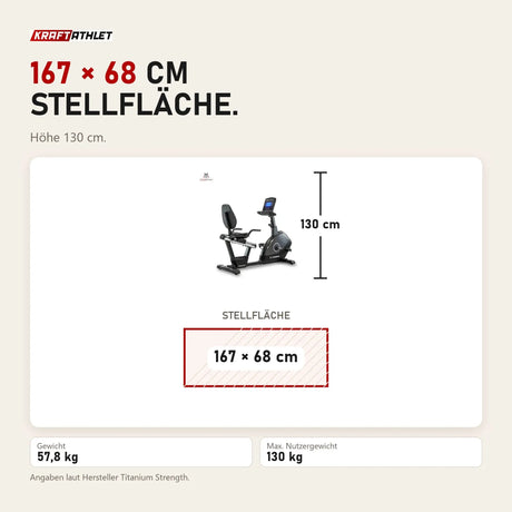 Maßbild Titanium Strength RB900 LCD Liegeergometer Performance Series: Stellfläche 167 × 68 cm, Höhe 130 cm