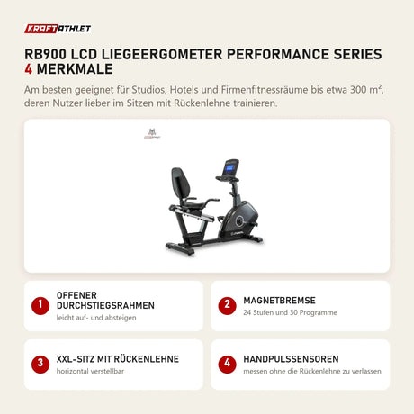 Titanium Strength RB900 LCD Liegeergometer Performance Series mit 4 Merkmalen: Offener Durchstiegsrahmen, Magnetbremse, XXL-Sitz mit Rückenlehne, Handpulssensoren
