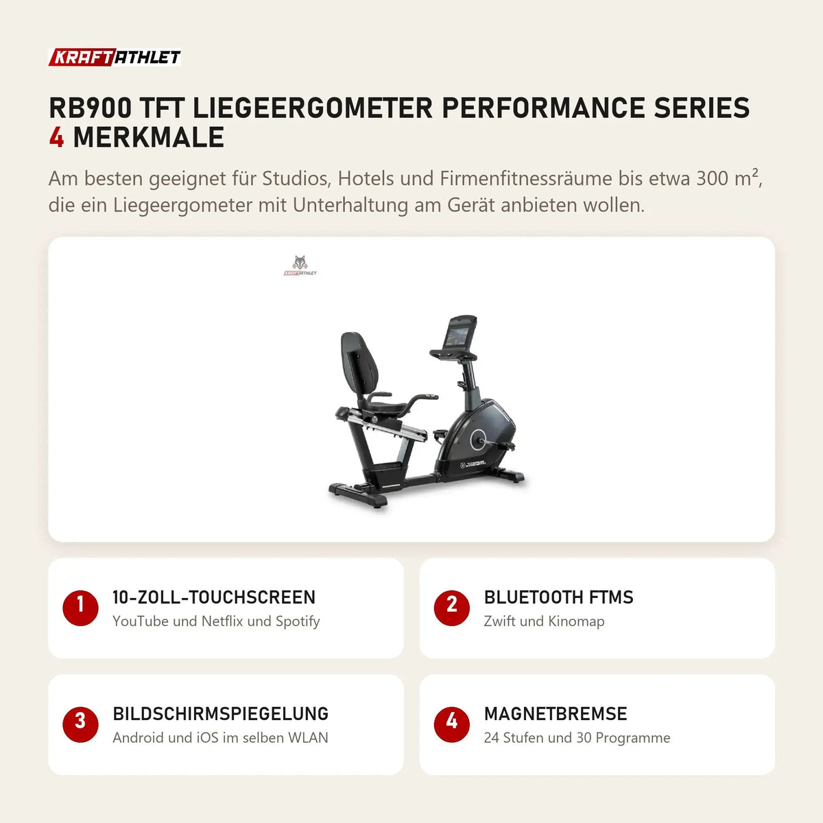 Titanium Strength RB900 TFT Liegeergometer Performance Series mit 4 Merkmalen: 10-Zoll-Touchscreen, Bluetooth FTMS, Bildschirmspiegelung, Magnetbremse