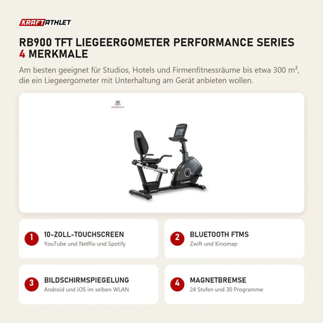 Titanium Strength RB900 TFT Liegeergometer Performance Series mit 4 Merkmalen: 10-Zoll-Touchscreen, Bluetooth FTMS, Bildschirmspiegelung, Magnetbremse