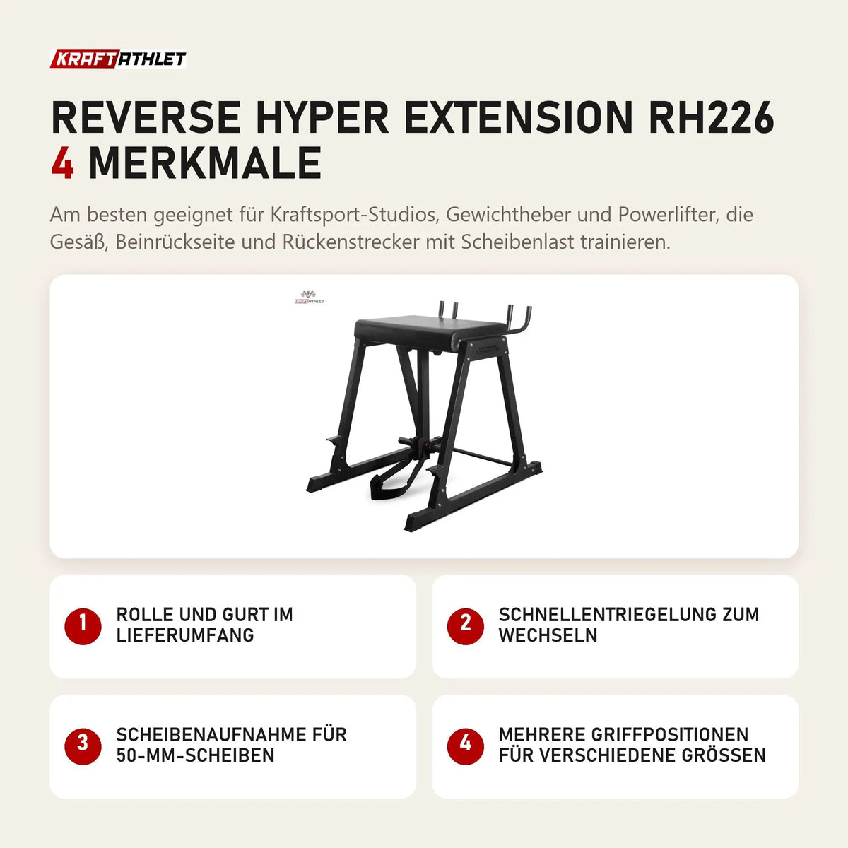 Titanium Strength Reverse Hyper Extension RH226 mit 4 Merkmalen: Rolle und Gurt im Lieferumfang, Schnellentriegelung zum Wechseln, Scheibenaufnahme für 50-mm-Scheiben, Mehrere Griffpositionen für verschiedene Größen