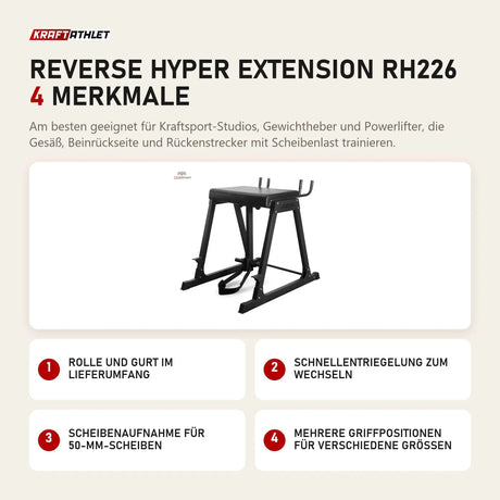 Titanium Strength Reverse Hyper Extension RH226 mit 4 Merkmalen: Rolle und Gurt im Lieferumfang, Schnellentriegelung zum Wechseln, Scheibenaufnahme für 50-mm-Scheiben, Mehrere Griffpositionen für verschiedene Größen