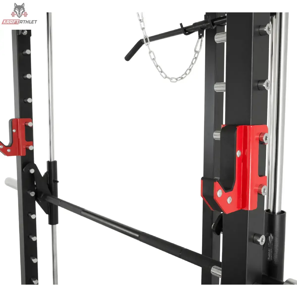 Titanium Strength RM10 Deluxe Multipower und Rack mit Lat und Row – Detail der roten J-Hooks und der Führungsstange