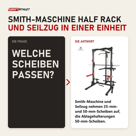 Frage und Antwort zu Titanium Strength RM10 Deluxe Multipower und Rack mit Lat und Row: Welche Scheiben passen?