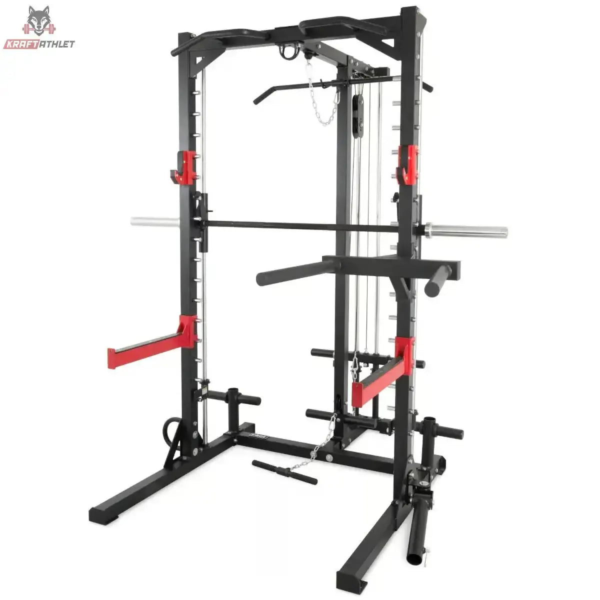 Titanium Strength RM10 Deluxe Multipower und Rack mit Lat und Row – Frontansicht mit roten Sicherheitsablagen