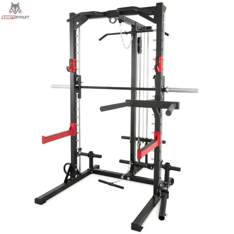 Titanium Strength RM10 Deluxe Multipower und Rack mit Lat und Row – Frontansicht mit roten Sicherheitsablagen