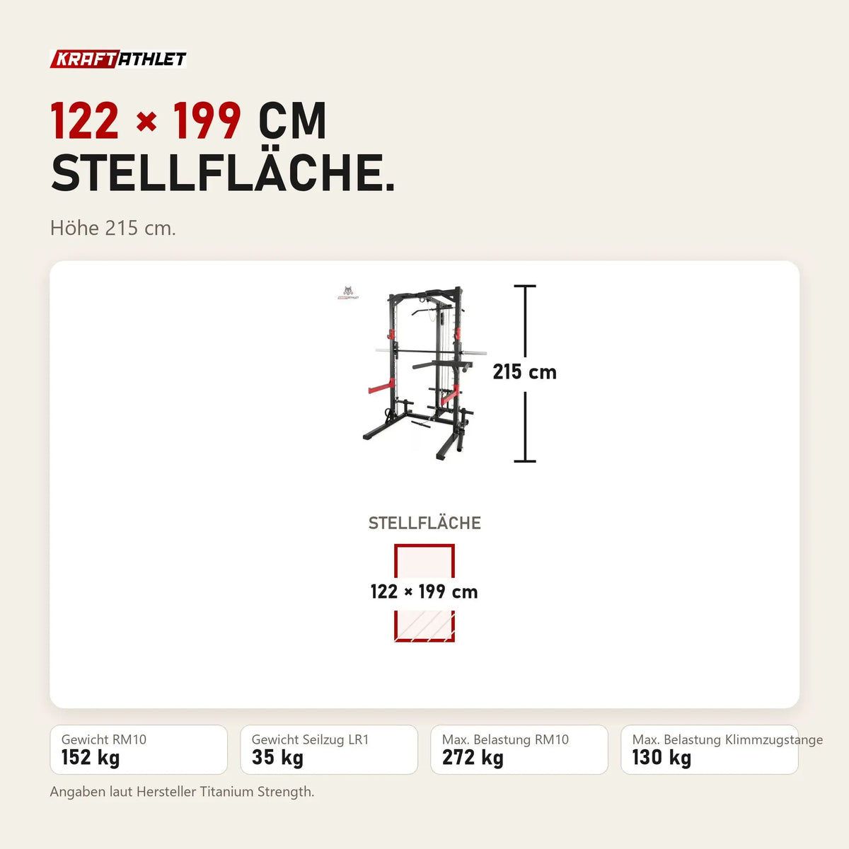 Maßbild Titanium Strength RM10 Deluxe Multipower und Rack mit Lat und Row: Stellfläche 122 × 199 cm, Höhe 215 cm