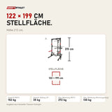 Maßbild Titanium Strength RM10 Deluxe Multipower und Rack mit Lat und Row: Stellfläche 122 × 199 cm, Höhe 215 cm