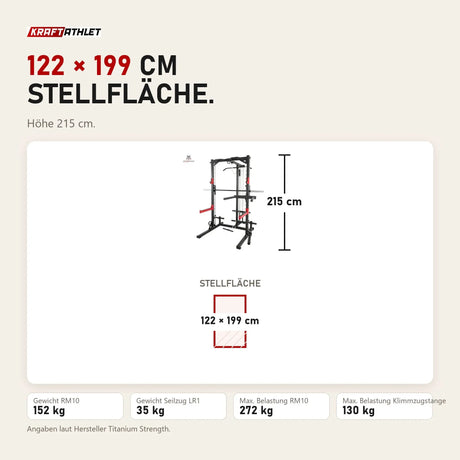 Maßbild Titanium Strength RM10 Deluxe Multipower und Rack mit Lat und Row: Stellfläche 122 × 199 cm, Höhe 215 cm