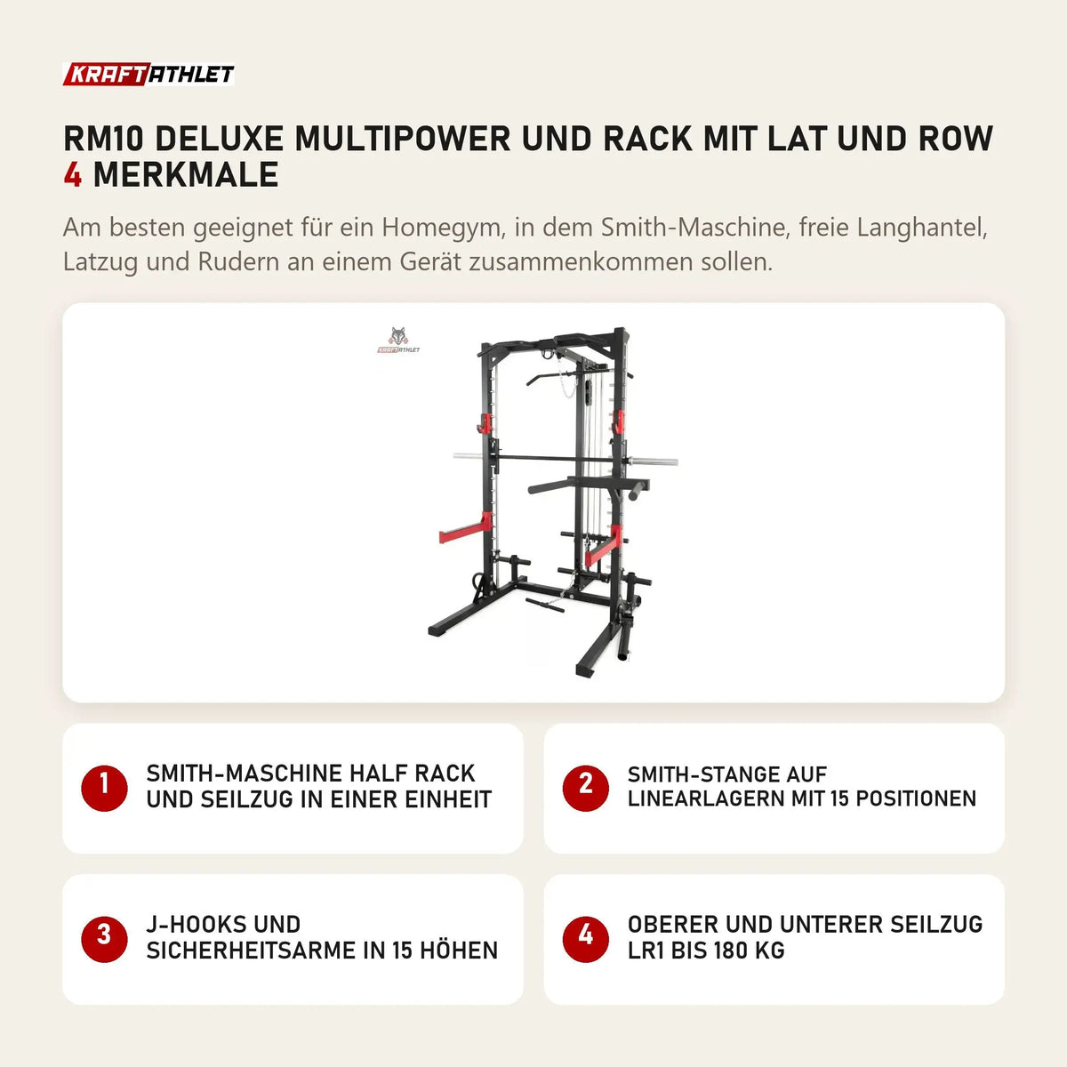 Titanium Strength RM10 Deluxe Multipower und Rack mit Lat und Row mit 4 Merkmalen: Smith-Maschine Half Rack und Seilzug in einer Einheit, Smith-Stange auf Linearlagern mit 15 Positionen, J-Hooks und Sicherheitsarme in 15 Höhen, Oberer und unterer Seilzug LR1 bis 180 kg