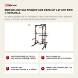 Titanium Strength RM10 Deluxe Multipower und Rack mit Lat und Row mit 4 Merkmalen: Smith-Maschine Half Rack und Seilzug in einer Einheit, Smith-Stange auf Linearlagern mit 15 Positionen, J-Hooks und Sicherheitsarme in 15 Höhen, Oberer und unterer Seilzug LR1 bis 180 kg