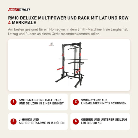 Titanium Strength RM10 Deluxe Multipower und Rack mit Lat und Row mit 4 Merkmalen: Smith-Maschine Half Rack und Seilzug in einer Einheit, Smith-Stange auf Linearlagern mit 15 Positionen, J-Hooks und Sicherheitsarme in 15 Höhen, Oberer und unterer Seilzug LR1 bis 180 kg