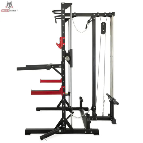 Titanium Strength RM10 Deluxe Multipower und Rack mit Lat und Row – Seitenansicht mit Kabelzug und Scheibenhaltern