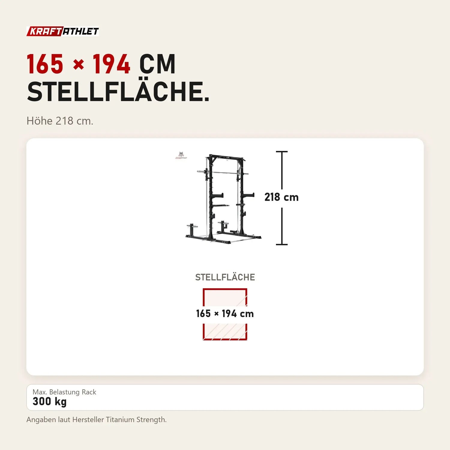 Maßbild Titanium Strength RM20 Multipower und Rack: Stellfläche 165 × 194 cm, Höhe 218 cm