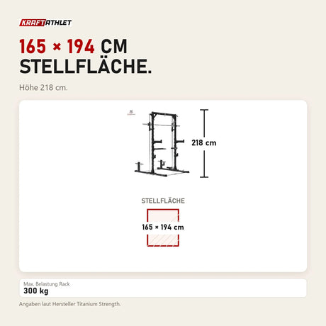 Maßbild Titanium Strength RM20 Multipower und Rack: Stellfläche 165 × 194 cm, Höhe 218 cm
