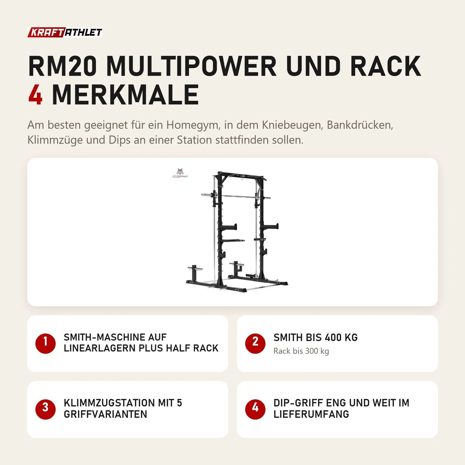 Titanium Strength RM20 Multipower und Rack mit 4 Merkmalen: Smith-Maschine auf Linearlagern plus Half Rack, Smith bis 400 kg, Klimmzugstation mit 5 Griffvarianten, Dip-Griff eng und weit im Lieferumfang