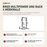 Titanium Strength RM20 Multipower und Rack mit 4 Merkmalen: Smith-Maschine auf Linearlagern plus Half Rack, Smith bis 400 kg, Klimmzugstation mit 5 Griffvarianten, Dip-Griff eng und weit im Lieferumfang